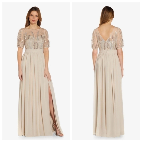 NEW ADRIANNA PAPELL Biscotti Hand Beaded Chiffon Illusion Gown Size 2 AP… - Picture 1 of 10